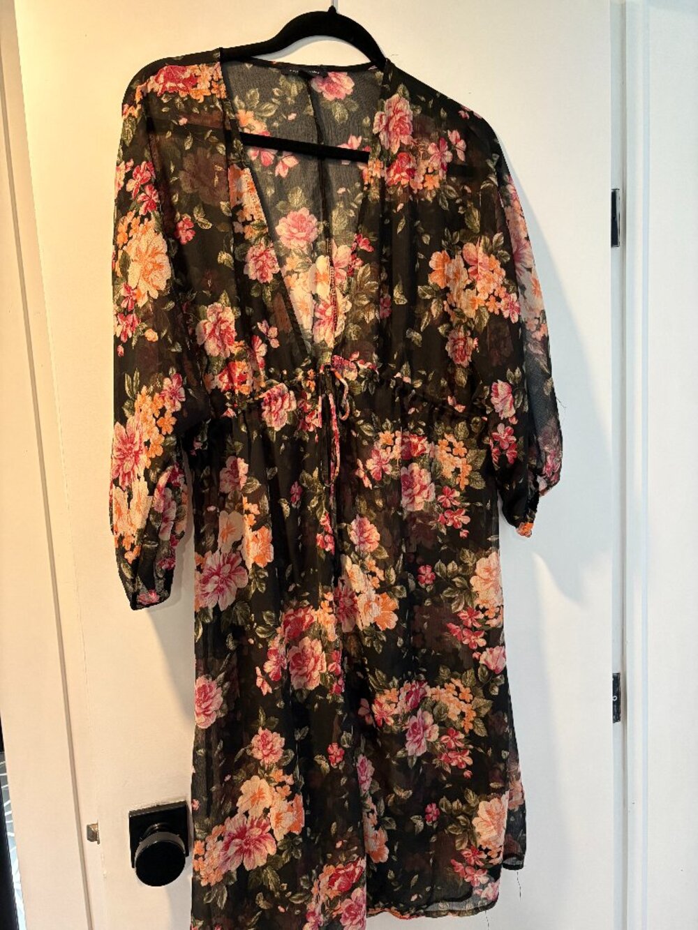 American Eagle Sheer Floral Kimono Duster Tie Front Black Pink XS/S
